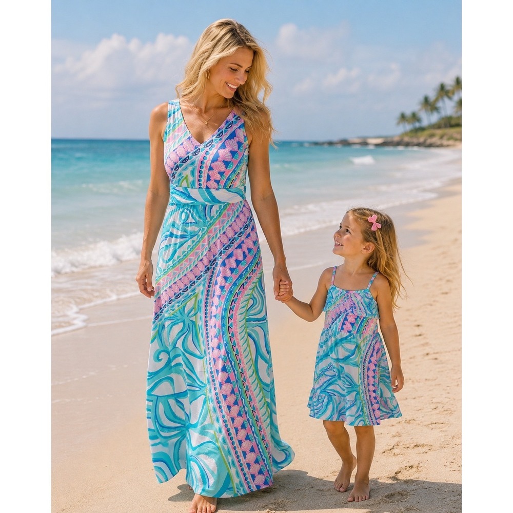 Lilly Pulitzer Marco Maxi Dress Large Coco Island Engineered Print Blue Pink NWT